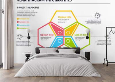 Venn diagram with 4 circles infographics template design. Vector overlapping shapes for set or logic graphic illustration. Wall mural