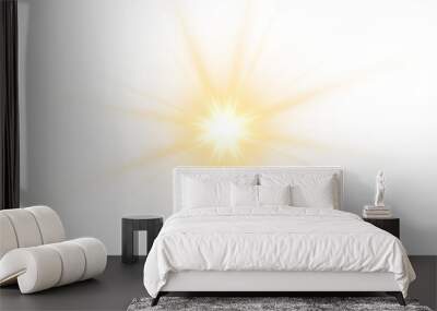 Gold star illustration. Sparkle sun light transparent design element. Wall mural