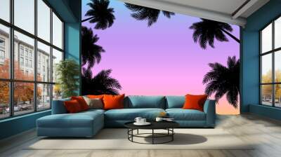 Tropical summer sunset with black palm tree silhouette. Sky in the background in yellow, purple, pink and blue colors. Wall mural