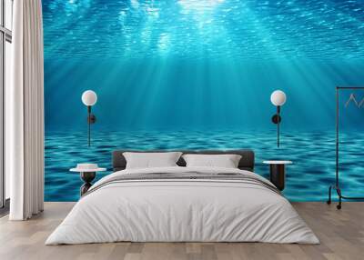 Underwater scene 3D realistic illustration with light rays. Behind the rippling water is the blue sunny sky. Wall mural