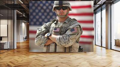 American Soldier Standing Proudly with U.S. Flag in Background Wall mural