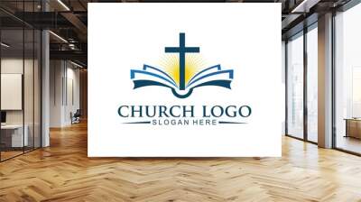 church christian logo, bible with sun and cross, vector icon design template. Wall mural