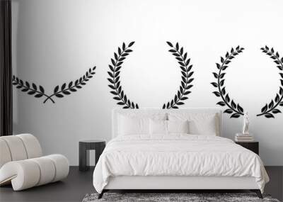 Collection of different black and white silhouette circular laurel foliate  and oak, wreaths depicting an award, heraldry, achievement, victory, crown, winner, ornate,Vector  icon illustration. Wall mural