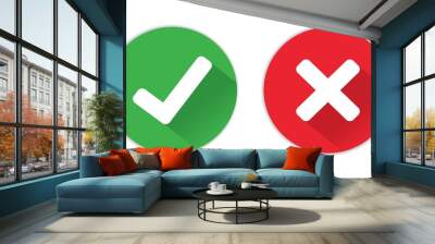 Green check mark and red cross icon with shadow isolated on white background, Circle Tick symbol in green color, vector illustration  Wall mural