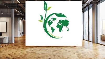 Green leafs and globe Eco icon. Unique global and natural, organic logotype design template Wall mural