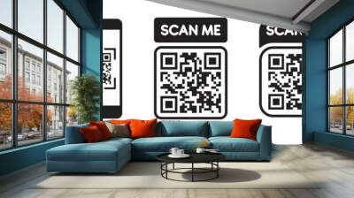 QR code scan icon with smartphone, scan me barcode sign, Vector illustration. Wall mural