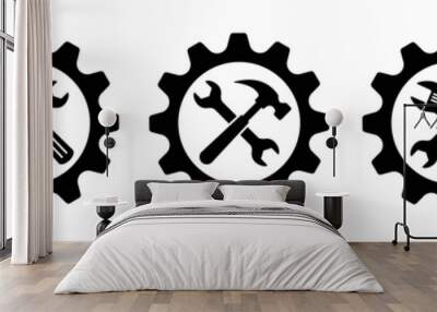 Tool icons set with gear, wrench and screwdriver, Hammer, adjustment wrench, settings and repair, service symbol, vector Illustration. Wall mural