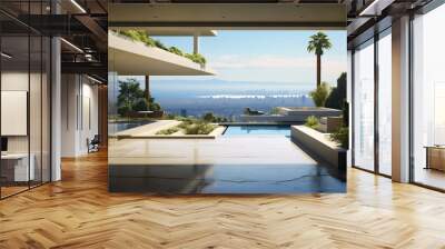 Front of an entrance area of a luxurious residence in beach area, with the city of Los Angeles visible in the distance Wall mural