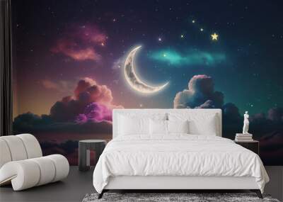 Colorful islamic ramadan greetings background with crescent moon over clouds Wall mural