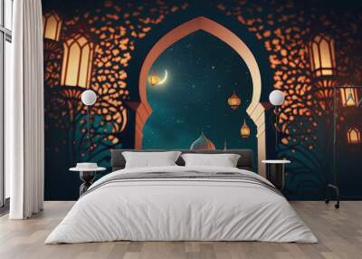 Ramadan kareem islamic greetings background with mosque gate Wall mural