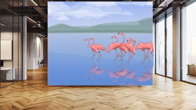 landscape with pink flamingos Wall mural