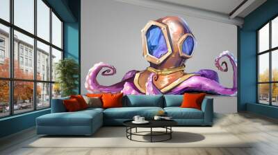 Octopus in a diving helmet. Digital painting illustration. Wall mural