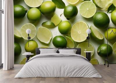 Limes with water drops on a white background, Generative AI Wall mural