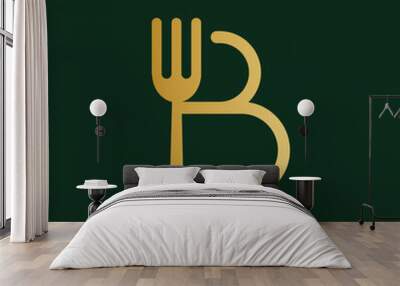 Letter B with fork symbol logo for kitchen sign, cafeteria icon, restaurant, and cooking business.  Wall mural