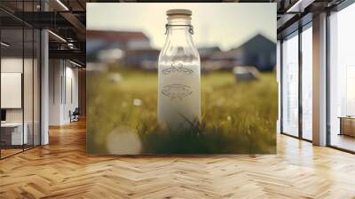 bottle of milk, glass bottle, milk, in a farm, organic milk, cows and field in the background, produced, locally, healthy food, locally produced, made with generative AI Wall mural