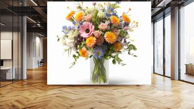 Bouquet of wild flowers, pale colors, pastel, beautiful floral composition in a glass vase, many colors, mother's day, valentine's day, on a white background made with Generative AI Wall mural