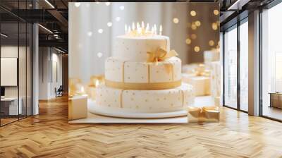 Cake with candles, birthday cake, wedding cake, white and gold, golden cake, white cake, gifts and candles, golden ribbon, sweet food, dessert, luxury cake, expensive food, Wall mural