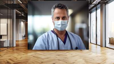 Doctor with a stethoscope and a surgical mask, white older doctor with a clinic coat, surgeon,  health professional, doctor at the hospital, science and medecine Wall mural