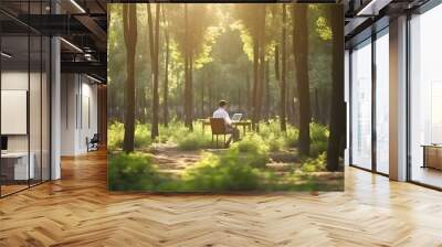 man working with computer in the forest, man working in nature, CSR, company social responsability, nature at work, well-being, business man, made with generative AI Wall mural