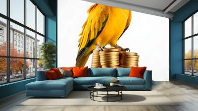 parrot on a pile of gold, golden coins, parakeet keeping a pirate treasure, pirate parrot, pirate event, money, stack of coins Wall mural