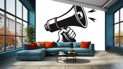 Hand Holding megaphone silhouette vector icon, Announcing hand mike illustration on white background Wall mural