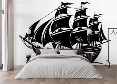 ship vector silhouette illustration. vintage Sailing bote Wall mural