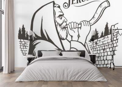 Jew in tallit blowing the shofar of Rosh Hashanah against the backdrop of the Wailing Wall in Jerusalem.
 Wall mural