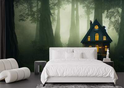 Fairy tale little cottage in magical forest Wall mural