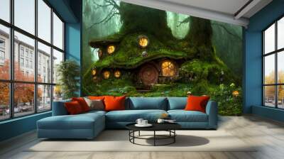 Magical fantasy fairy tale scenery of tree house at night in a forest Wall mural