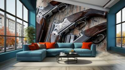 Detail Of Open Hunting Rifles Laying On Table Wall mural