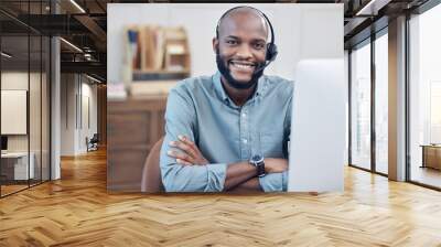 Black man, call center and arms crossed in portrait, smile or computer in customer service job at office. African male consultant, headset or happy at telemarketing agency, contact us or tech support Wall mural