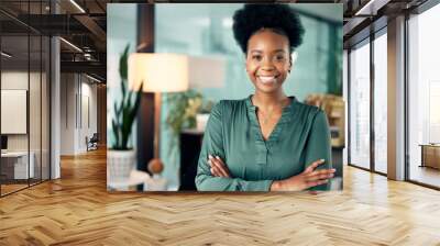 Confidence, crossed arms and portrait of a woman in her office with pride and leadership. Corporate, professional and African female executive business ceo with vision, ideas and goals in workplace. Wall mural