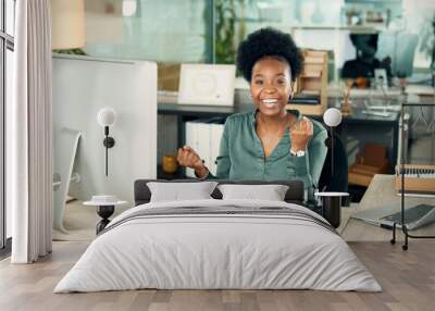 Success portrait, happy and a black woman with good news, bonus celebration or career win. Business smile, winner and an African employee with company pride, happiness and achievement at a job Wall mural