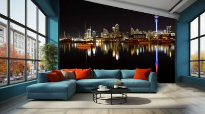 auckland city night lights reflect on harbor Wall mural