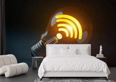 A bright glowing Wi-Fi symbol inside light bulb on a dark background. Wall mural