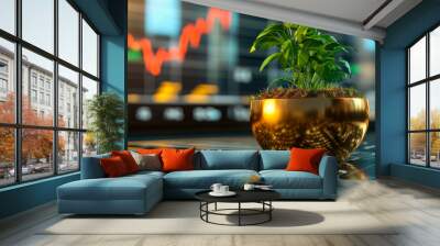 A golden pot with green plant on background of financial chart. Concept for long-term savings investment. Wall mural