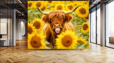 A highland cow with big horns and sticking its tongue out, standing in a sunflowers field. Wall mural