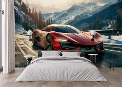 A red futuristic sports car speeding down a curved road on the snowy mountains Wall mural