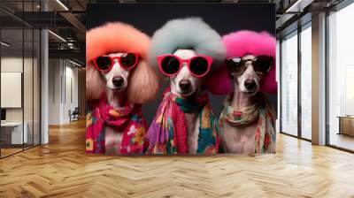 A stylish poodles are impeccably groomed and wearing colorful scarfs Wall mural