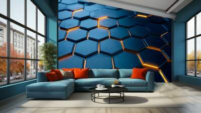 Abstract background of the hexagonal shapes pattern, carbon material with a yellow glowing light effects. Wall mural