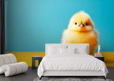 Adorable little yellow chicken standing on the color background Wall mural