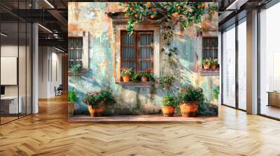 An old house facade with large windows, potted plants and orange tree above it. Wall mural