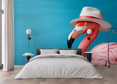 Blue background with a flamingo in a hat for a summer vibe Wall mural