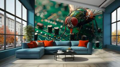 Close-up of house fly on the computer circuit board. Wall mural