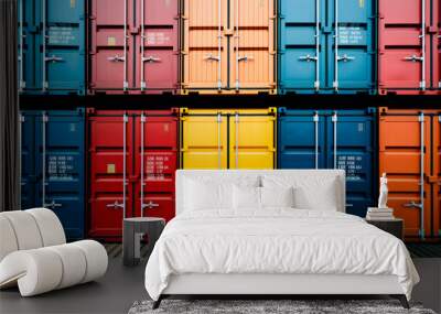 Colorful shipping containers lined up at a shipping port Wall mural