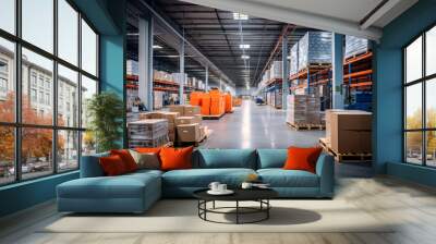 Commercial warehouse. Huge distribution warehouse with high shelves. Wall mural