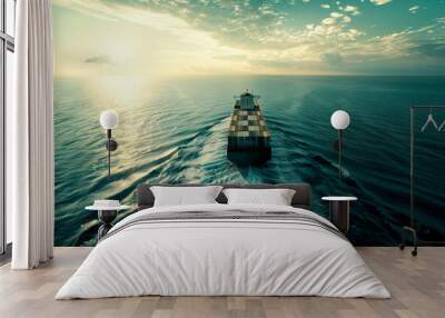 Container  ship in ocean at sunset dramatic sky background. Wall mural