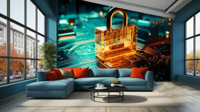 Cyber security concept. Padlock on digital technology background. Cyber data security or information privacy idea in mother server is processing the data. Wall mural