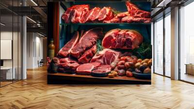 Different fresh meat on shelves at butcher shop Wall mural