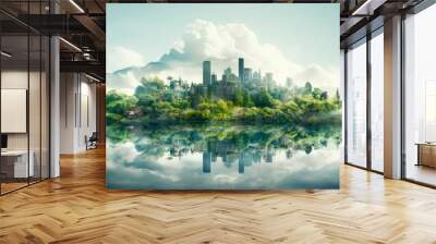 Double exposure of island with green forest lush and modern cityscape,environmental concept Wall mural